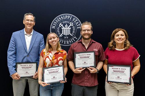 Steve Elder, Mississippi State Department of Agricultural and Biological Engineering professor; Taylor Heckman, Wildlife, Fisheries and Aquaculture, Delta Research and Extension Center, and Mississippi Agriculture and Forestry Experiment Station assistant professor; Josh Bumgarner, Institute for Genomics, Biocomputing &amp; Biotechnology, DREC and Mississippi Agriculture and Forestry Experiment Station post-doctoral researcher; and Christy Bratcher, Department of Animal and Dairy Sciences professor and head.
